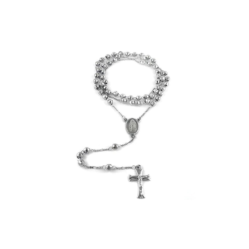 White Gold Plated Diamond Cut Rosary Necklace Jesus Cross Charm Pendant 0