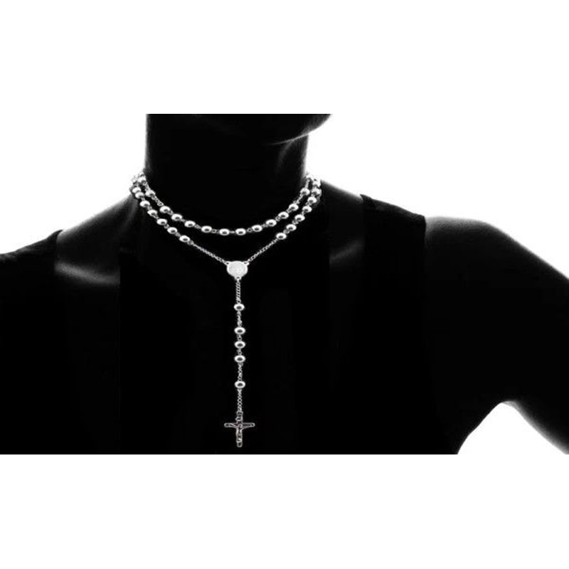 White Gold Plated Diamond Cut Rosary Necklace Jesus Cross Charm Pendant 3