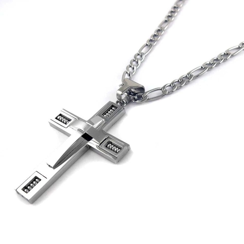 Silver Cross Pendant Necklace Mens Stainless Steel Figaro Chain Unique Jewelry Gift 0