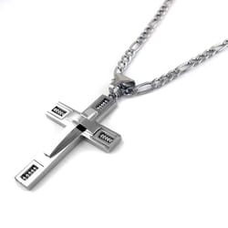 silver cross pendant necklace, men's stainless steel figaro chain, unique jewelry gift
