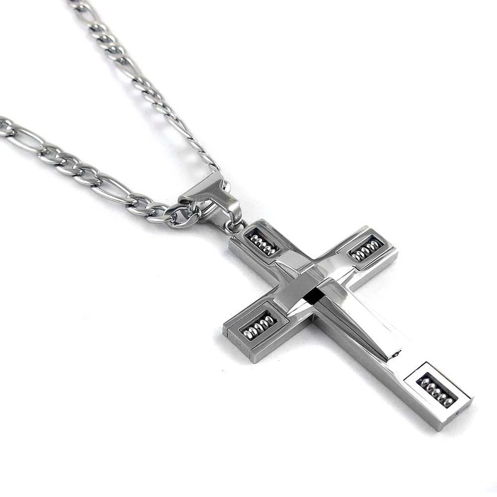 Silver Cross Pendant Necklace Mens Stainless Steel Figaro Chain Unique Jewelry Gift 4