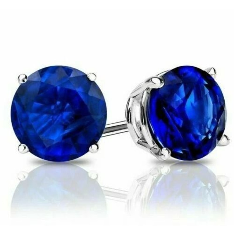 Sterling Silver Round Cut Sapphire Earrings Lab Created Blue Sapphire Clear CZ Studs For Women 0