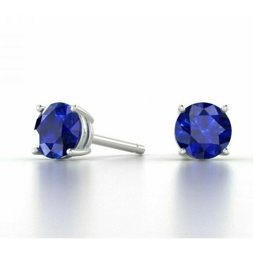 Sterling Silver Round Cut Sapphire Earrings Lab Created Blue Sapphire Clear CZ Studs For Women 1