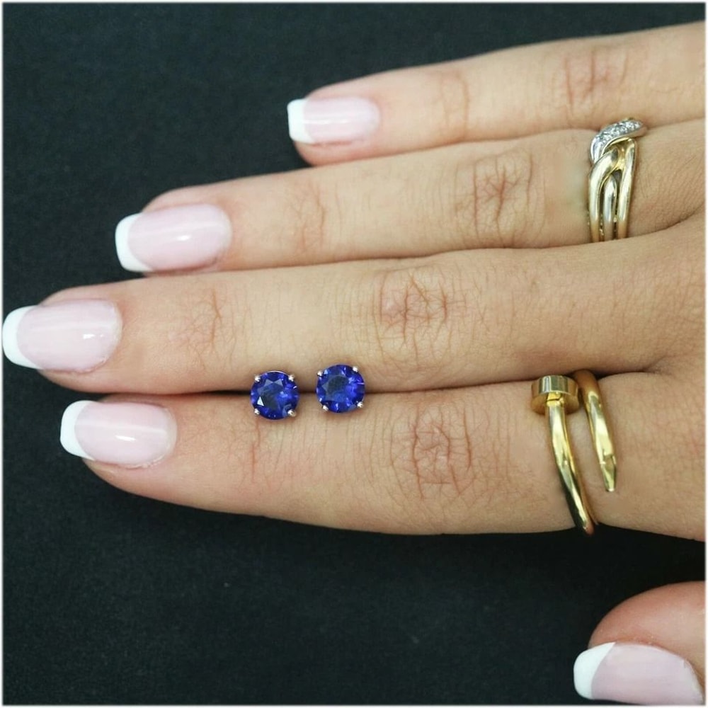 Sterling Silver Round Cut Sapphire Earrings Lab Created Blue Sapphire Clear CZ Studs For Women 2