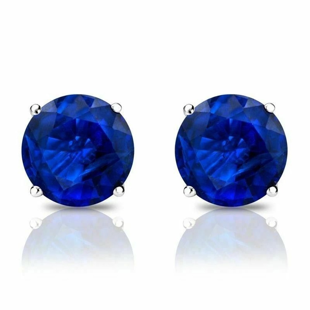 Sterling Silver Round Cut Sapphire Earrings Lab Created Blue Sapphire Clear CZ Studs For Women 5