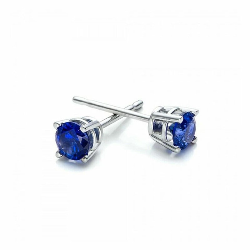 Sterling Silver Round Cut Sapphire Earrings Lab Created Blue Sapphire Clear CZ Studs For Women 6