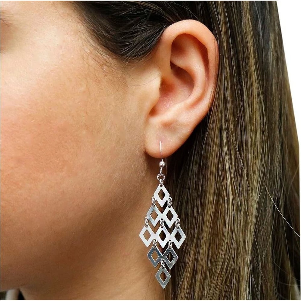 Fancy Sterling Silver Diamond Shape Chandelier Drop Earrings Hook Dangle Elegant And Lightweight Je 2