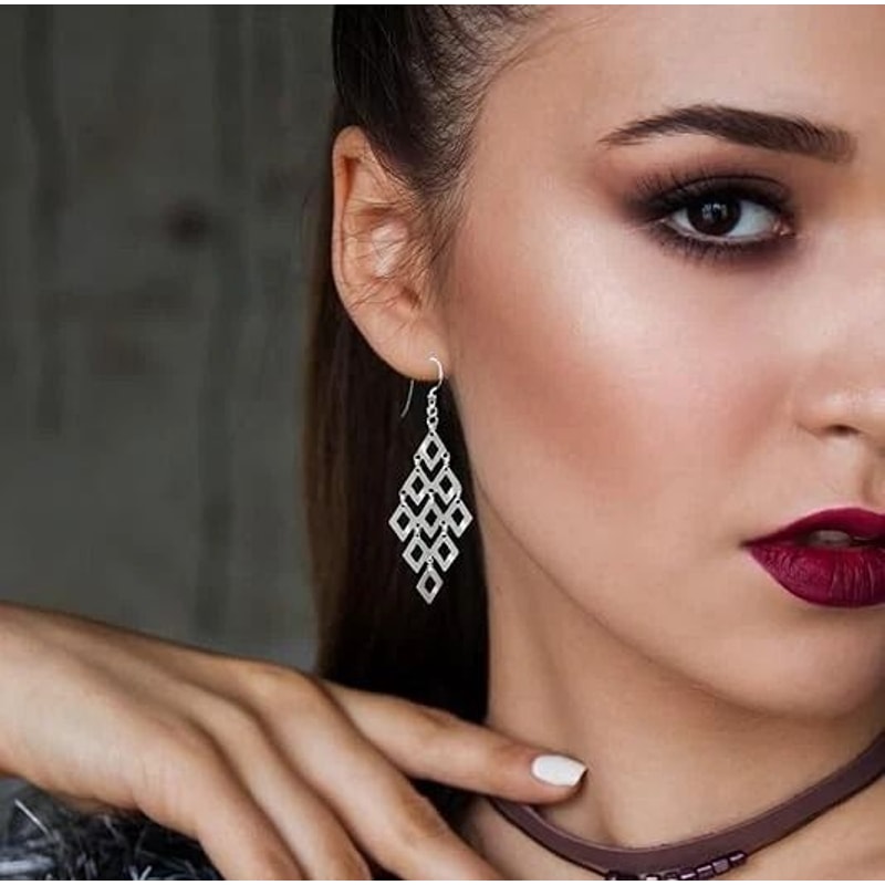 Fancy Sterling Silver Diamond Shape Chandelier Drop Earrings Hook Dangle Elegant And Lightweight Je 0