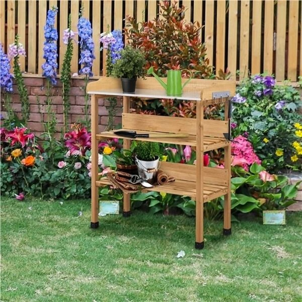 Potting Bench Table Outdoor Garden Work Station Natural Wood Workbench Perfect For Planting And Too 1