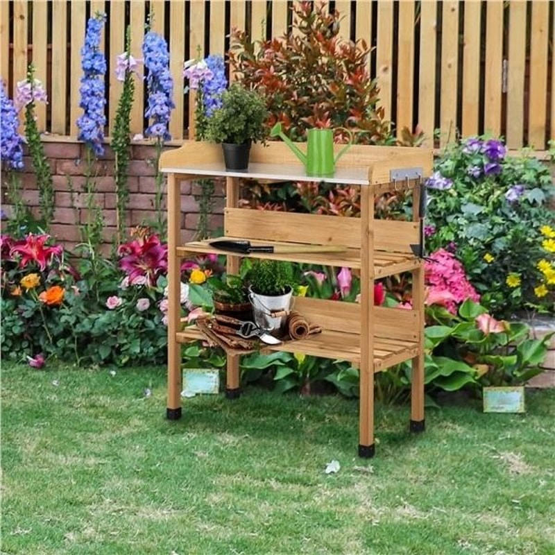 Potting Bench Table Outdoor Garden Work Station Natural Wood Workbench Perfect For Planting And Too 1