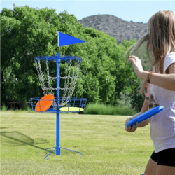 portable disc golf basket for practice, cross chain outdoor target, durable trapper blue design