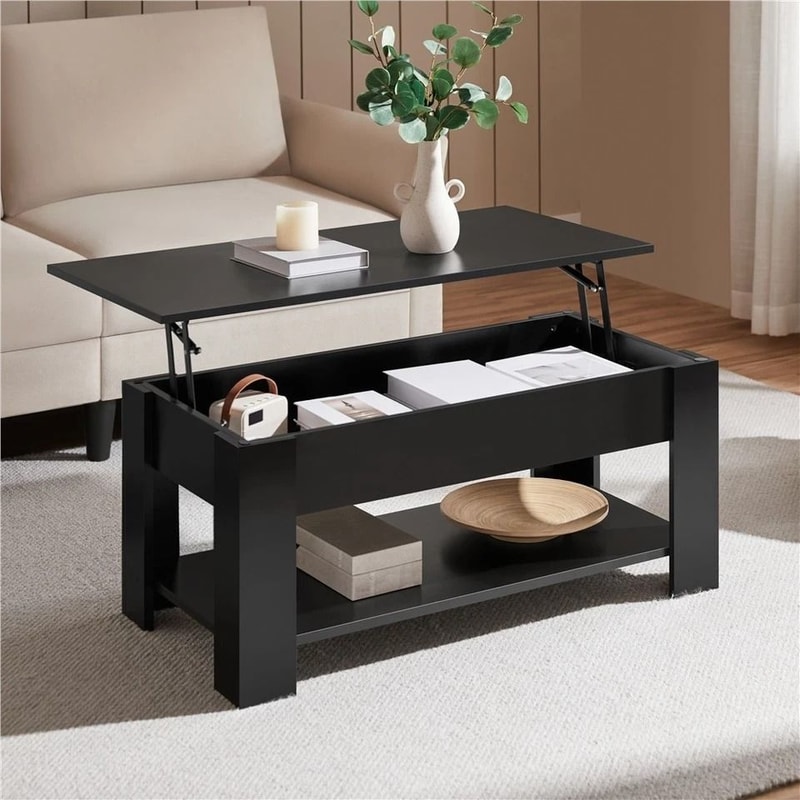White Lift Top Coffee Table With Hidden Storage Shelf Modern Design SpaceSaving And Durable 2