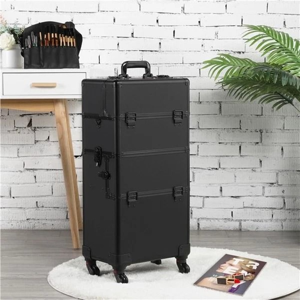 Makeup Train Case Professional Large Capacity Trolley With Strap Aluminum Rolling Makeup Case 0