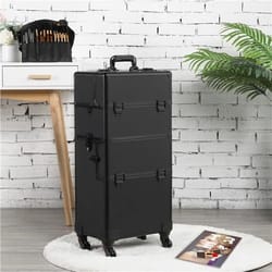 makeup train case professional, large capacity trolley with strap, aluminum rolling makeup case