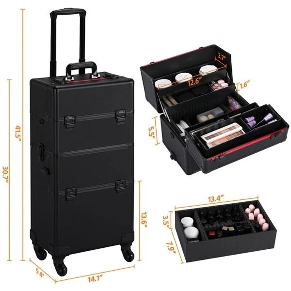 Makeup Train Case Professional Large Capacity Trolley With Strap Aluminum Rolling Makeup Case 2
