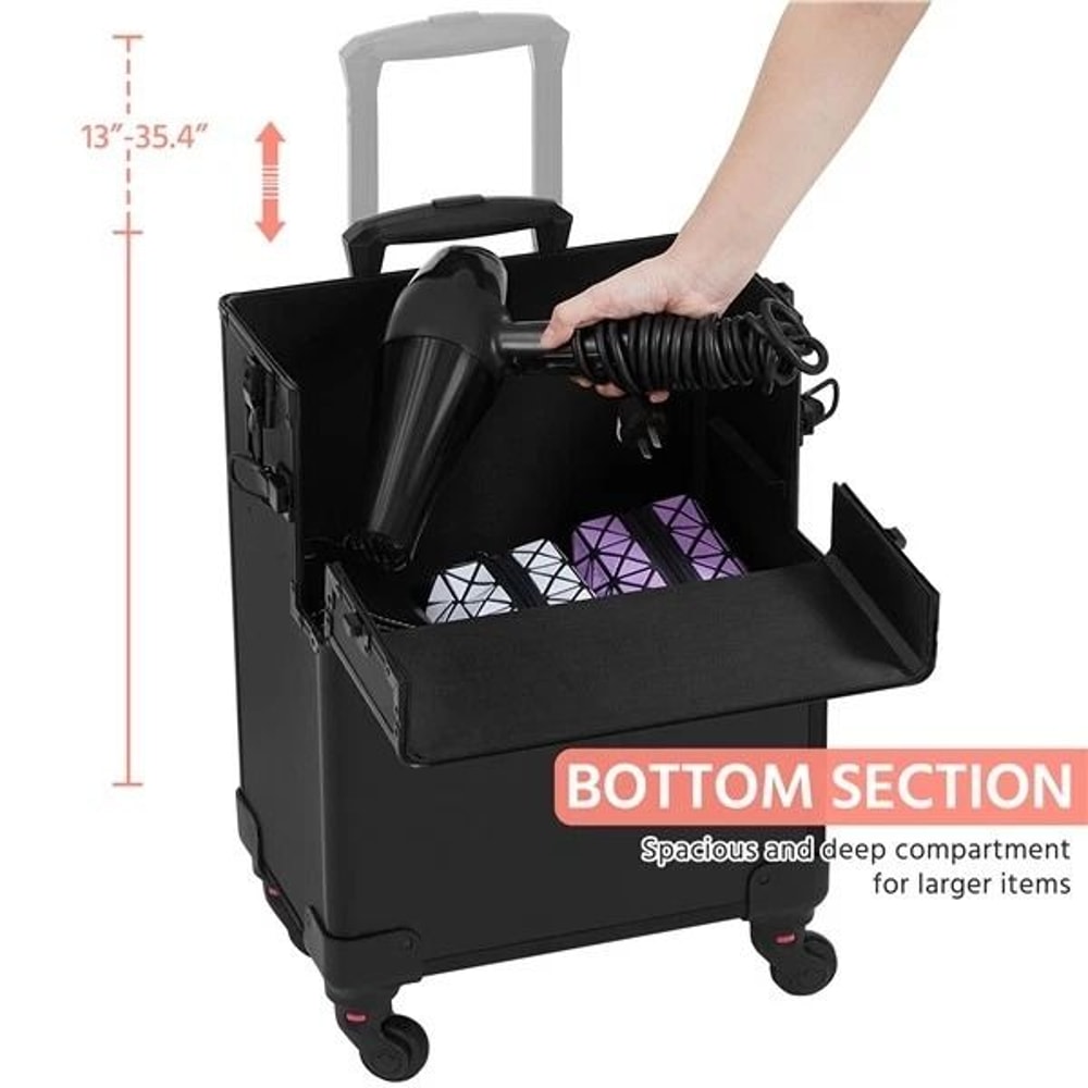 Makeup Train Case Professional Large Capacity Trolley With Strap Aluminum Rolling Makeup Case 3