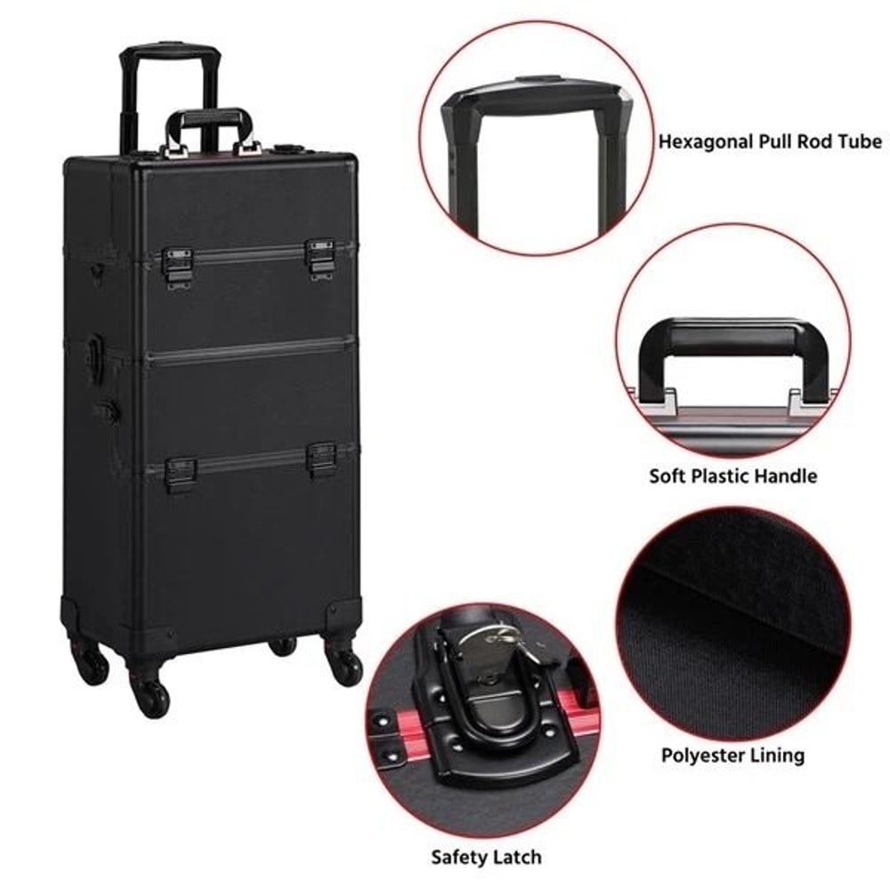 Makeup Train Case Professional Large Capacity Trolley With Strap Aluminum Rolling Makeup Case 4