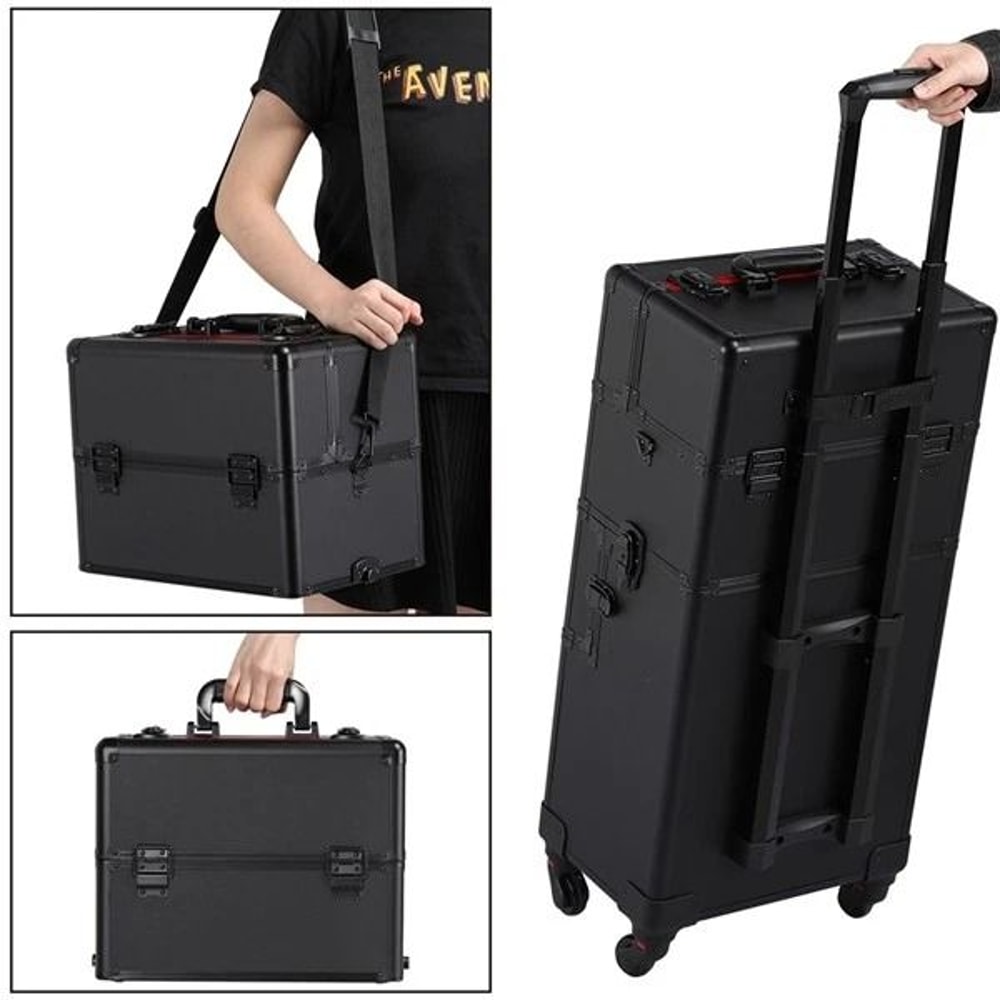 Makeup Train Case Professional Large Capacity Trolley With Strap Aluminum Rolling Makeup Case 6