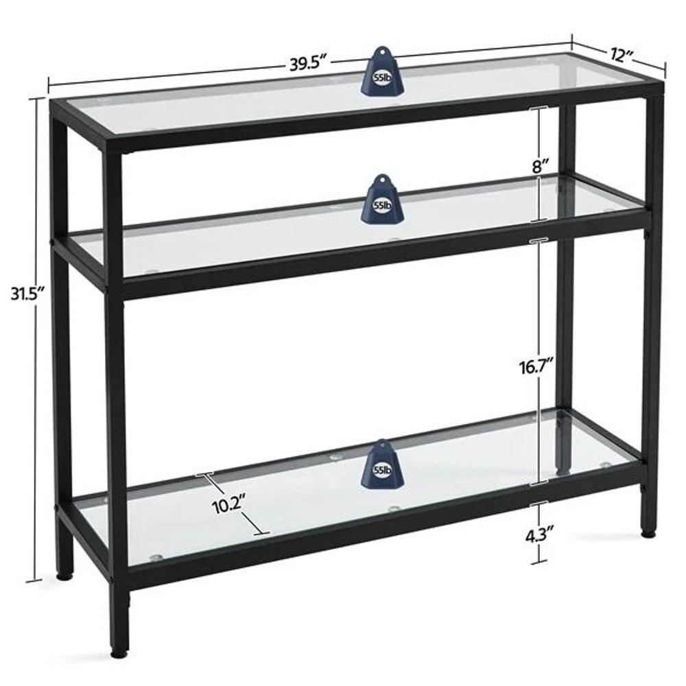 Sleek Black Console Table Sturdy Metal Frame 3Layer Modern Sofa Table With Glass Shelves Versatile 1