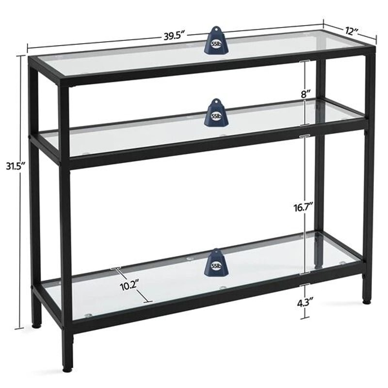 Sleek Black Console Table Sturdy Metal Frame 3Layer Modern Sofa Table With Glass Shelves Versatile 1