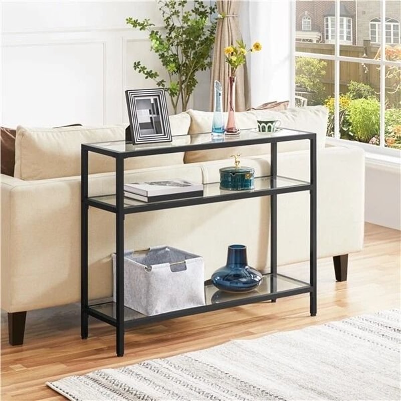 Sleek Black Console Table Sturdy Metal Frame 3Layer Modern Sofa Table With Glass Shelves Versatile 2