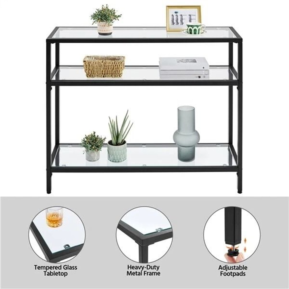 Sleek Black Console Table Sturdy Metal Frame 3Layer Modern Sofa Table With Glass Shelves Versatile 4