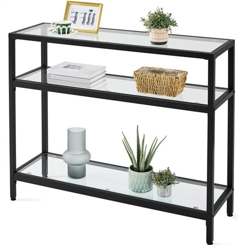 Sleek Black Console Table Sturdy Metal Frame 3Layer Modern Sofa Table With Glass Shelves Versatile 8