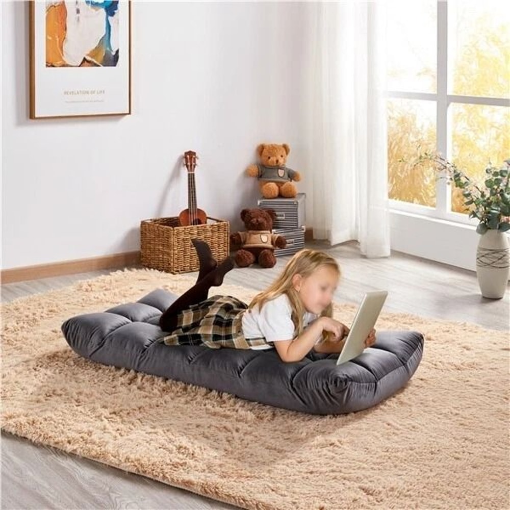 Folding Lounge Chair With Back Support Adjustable Padded Floor Chair Gray Floor Sofa For Gaming 3