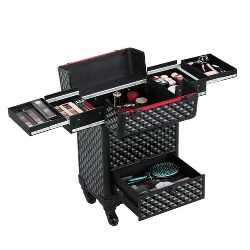 Large Makeup Train Case With Drawers Professional Aluminum Travel Cosmetic Case Rolling Organizer F 1