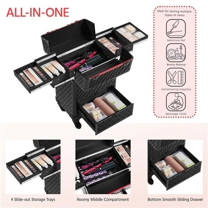 Large Makeup Train Case With Drawers Professional Aluminum Travel Cosmetic Case Rolling Organizer F 2