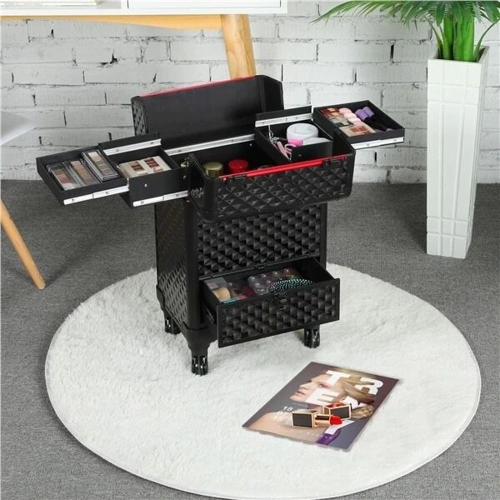 Large Makeup Train Case With Drawers Professional Aluminum Travel Cosmetic Case Rolling Organizer F 5
