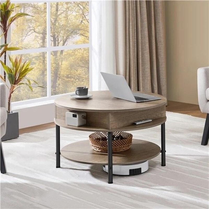Round Lift Coffee Table With Storage Adjustable Height Sturdy Design Gray Small For Living Room Mul 0