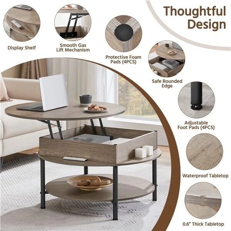 Round Lift Coffee Table With Storage Adjustable Height Sturdy Design Gray Small For Living Room Mul 3