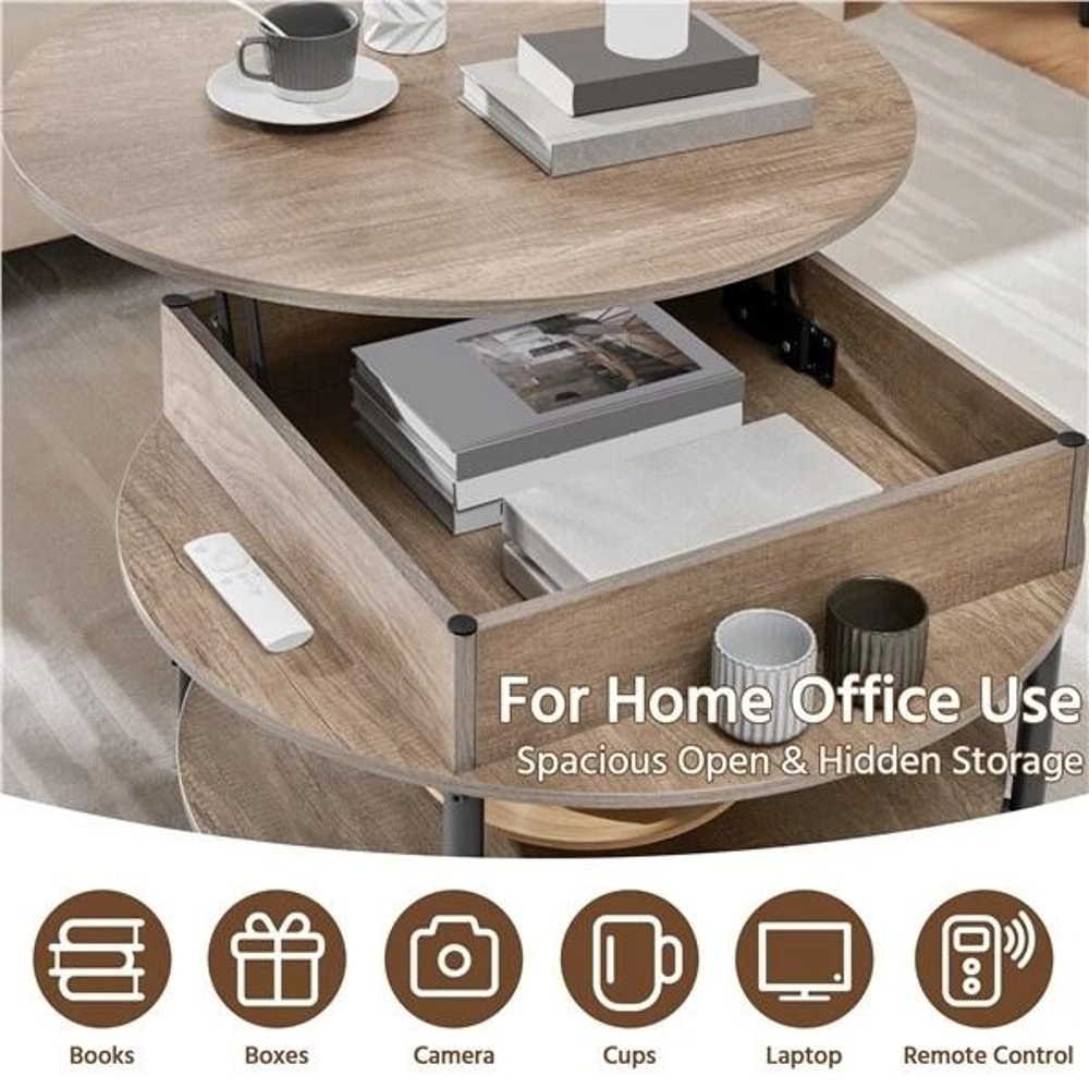 Round Lift Coffee Table With Storage Adjustable Height Sturdy Design Gray Small For Living Room Mul 4