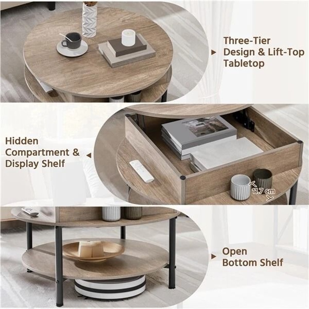 Round Lift Coffee Table With Storage Adjustable Height Sturdy Design Gray Small For Living Room Mul 5