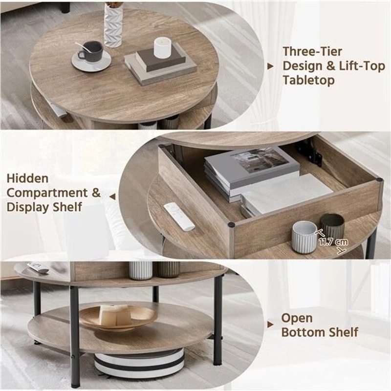 Round Lift Coffee Table With Storage Adjustable Height Sturdy Design Gray Small For Living Room Mul 5