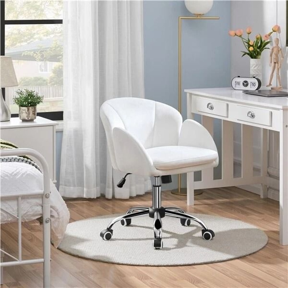 Snowy Cute Petal Vanity Chair Adjustable Swivel Makeup Chair For Women Soft Velvet Office Chair 1