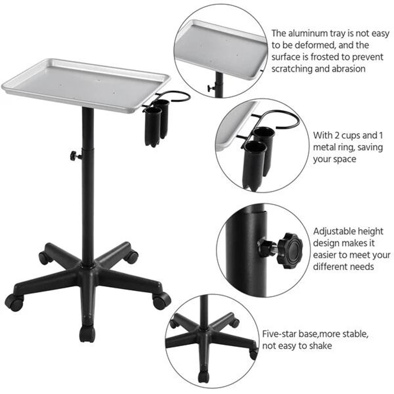 Adjustable Rolling Aluminum Salon Tray Cart Silver Height Adjustable Mobile Spa Trolley For Hair 3
