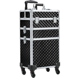rolling makeup train case with detachable compartments and detachable wheels