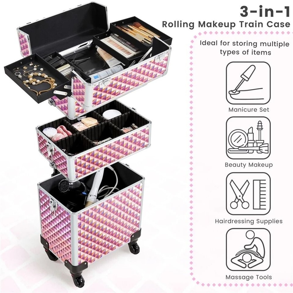 Rolling Makeup Train Case With Detachable Compartments And Detachable Wheels 19