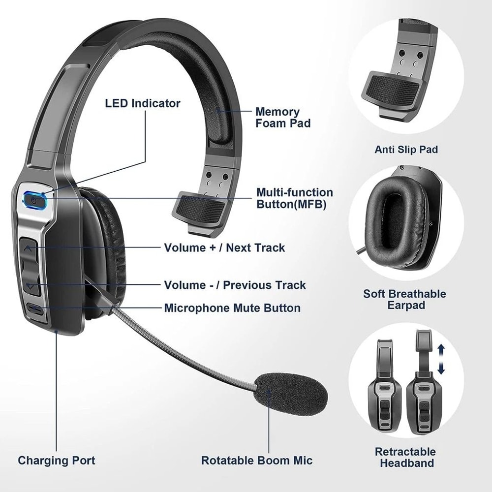 Bluetooth Trucker Headset With Noise Cancelling Mic For Phones PC Wireless Comfortable 2
