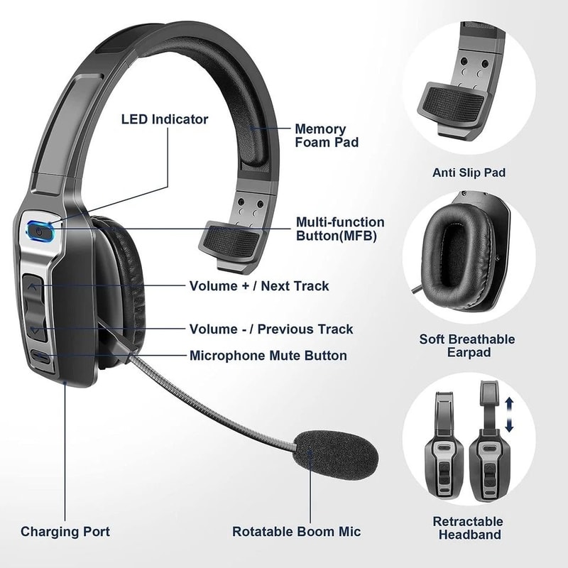 Bluetooth Trucker Headset With Noise Cancelling Mic For Phones PC Wireless Comfortable 2