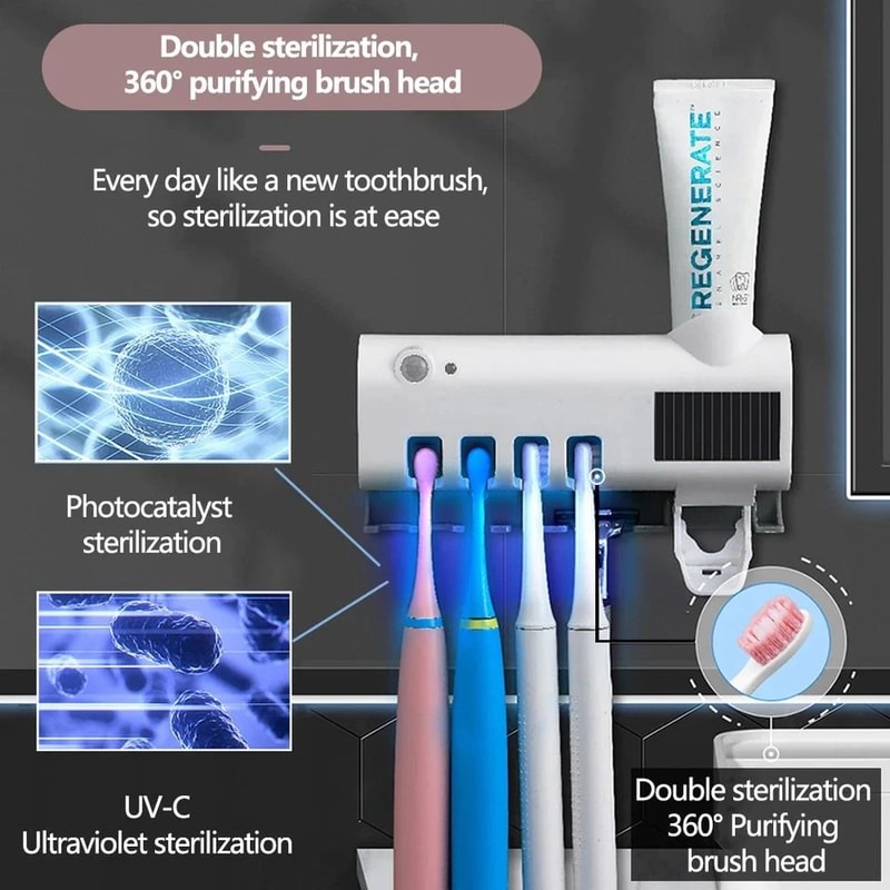 UV Toothbrush Sterilizer Automatic Toothpaste Dispenser Rechargeable FamilySized Holder 1