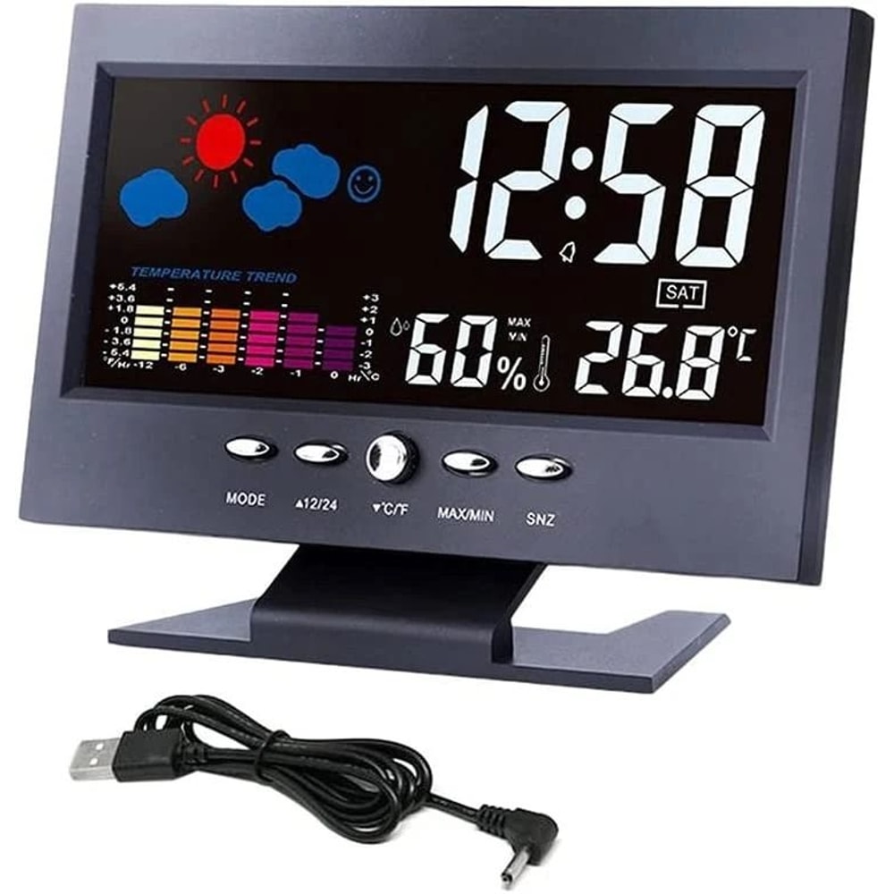 LED Digital Alarm Clock With Weather Forecast Hygrometer Snooze Calendar And Temperature Display 0
