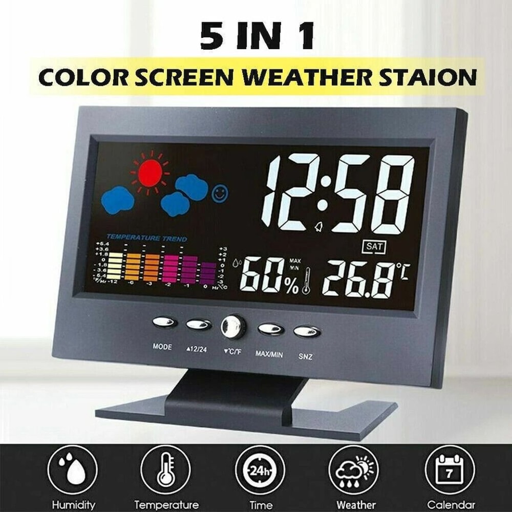LED Digital Alarm Clock With Weather Forecast Hygrometer Snooze Calendar And Temperature Display 5