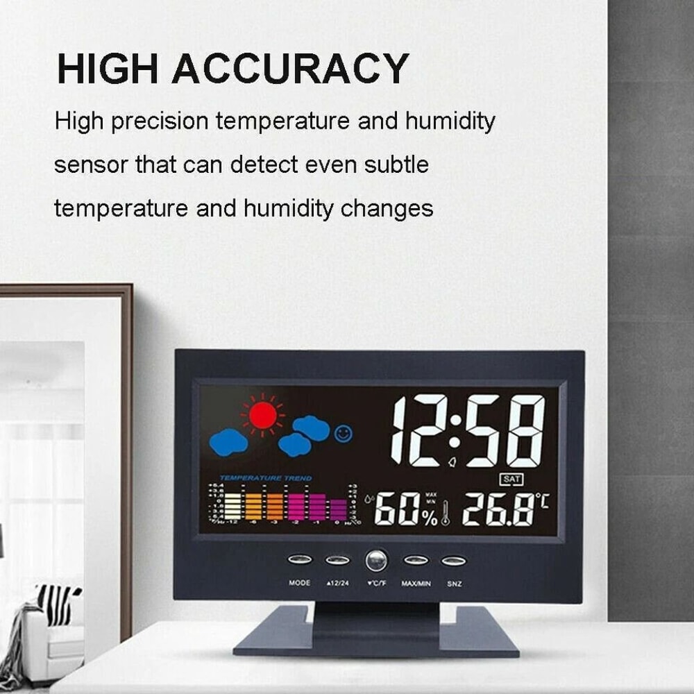 LED Digital Alarm Clock With Weather Forecast Hygrometer Snooze Calendar And Temperature Display 6