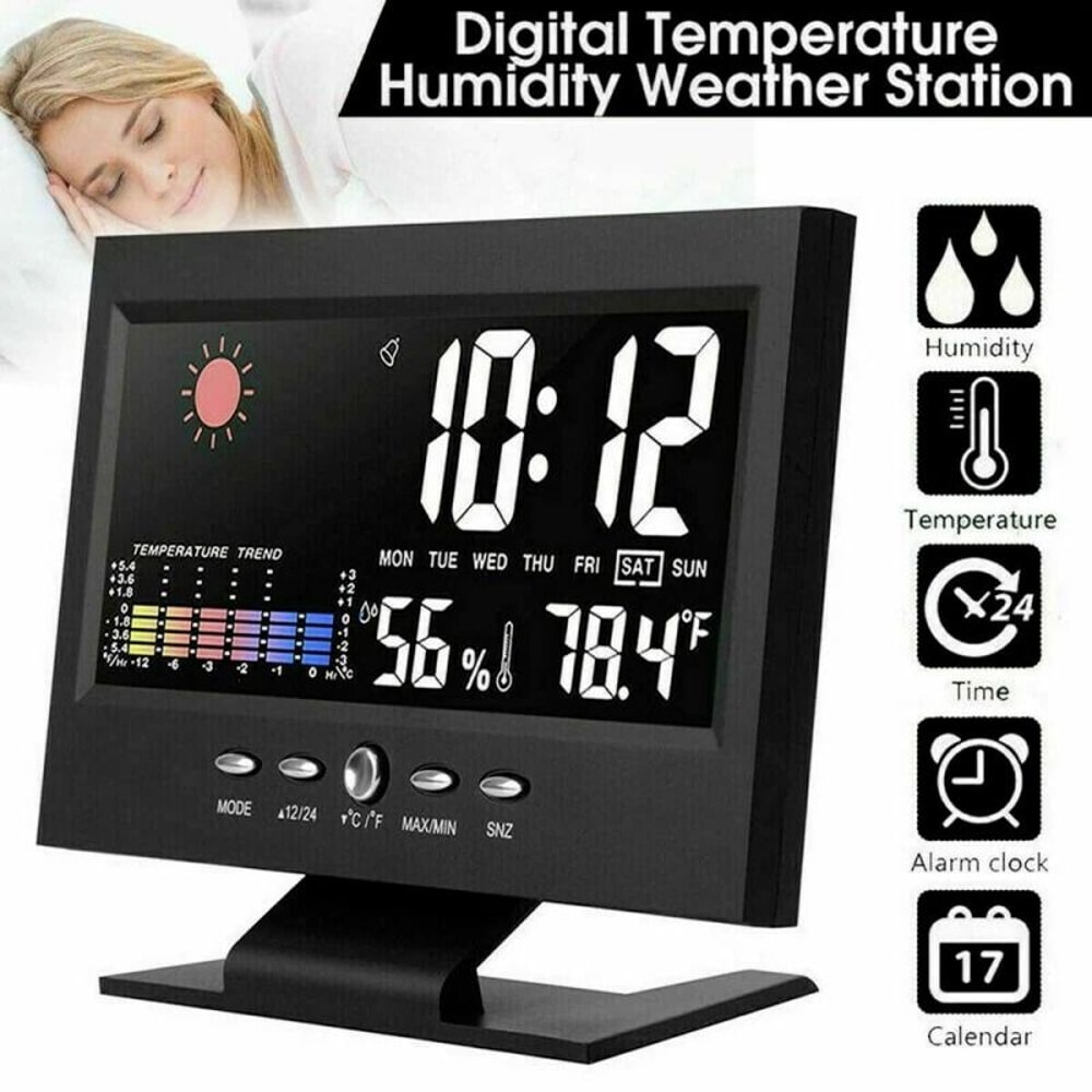 LED Digital Alarm Clock With Weather Forecast Hygrometer Snooze Calendar And Temperature Display 12