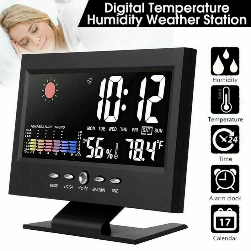LED Digital Alarm Clock With Weather Forecast Hygrometer Snooze Calendar And Temperature Display 12