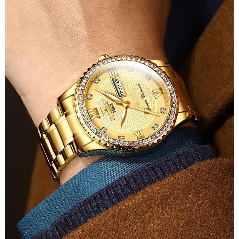 Luxury Gold Mens Watch Waterproof Stainless Steel Quartz Analog Watch Classic Business Dress Timepi 4