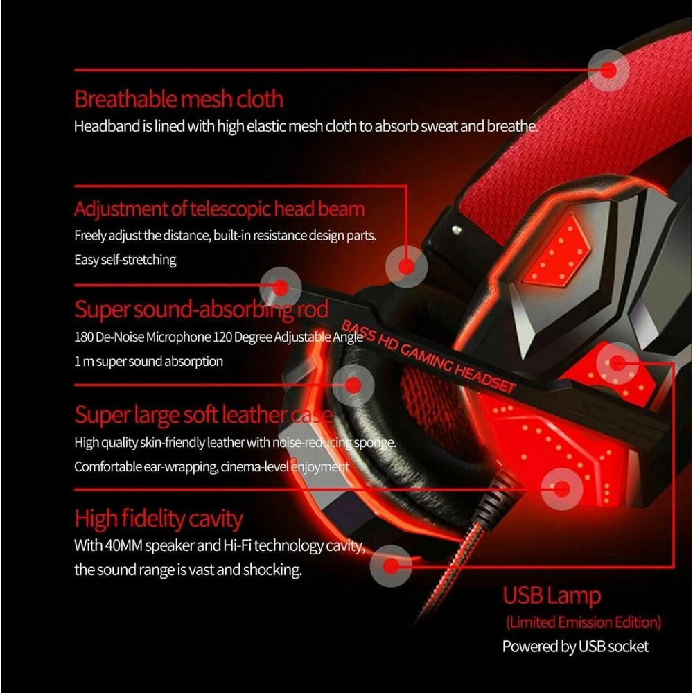 LED Gaming Headset With Stereo Bass For PC Xbox One Comfortable Surround Sound 4
